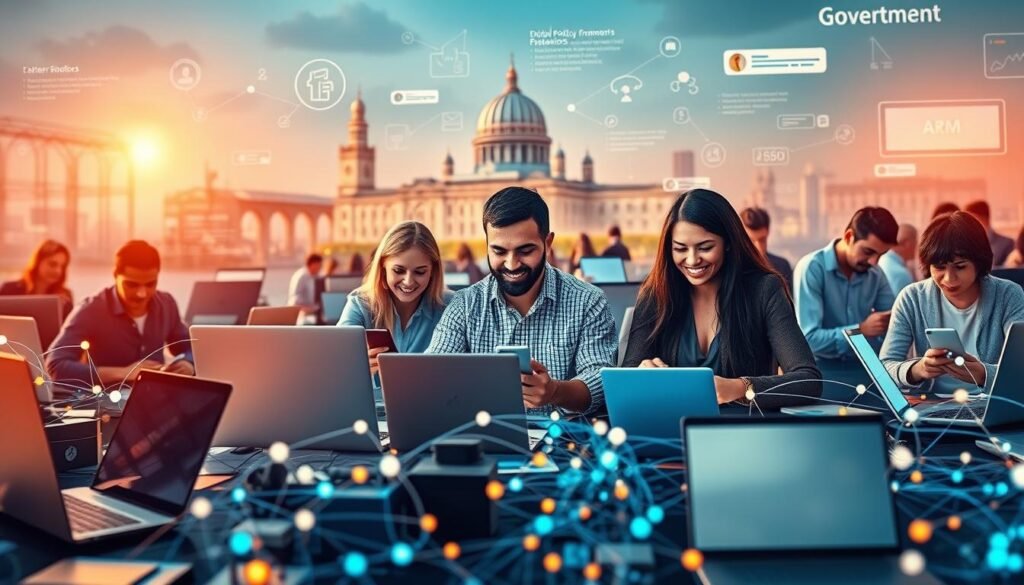 A bustling digital landscape, with a vibrant UMKM (Micro, Small, and Medium Enterprises) hub at the center. The foreground features a diverse array of digital devices, from sleek laptops to modern smartphones, all connected by a seamless network of data streams. The middle ground showcases a team of entrepreneurs, using these digital tools to manage their thriving UMKM businesses, their faces alight with determination and success. In the background, a stylized representation of government support, with digital policy frameworks and initiatives taking shape, symbolizing the collaborative efforts to empower and digitalize the UMKM sector. Warm lighting, a sense of progress and opportunity, and a dynamic, forward-thinking atmosphere permeate the scene.