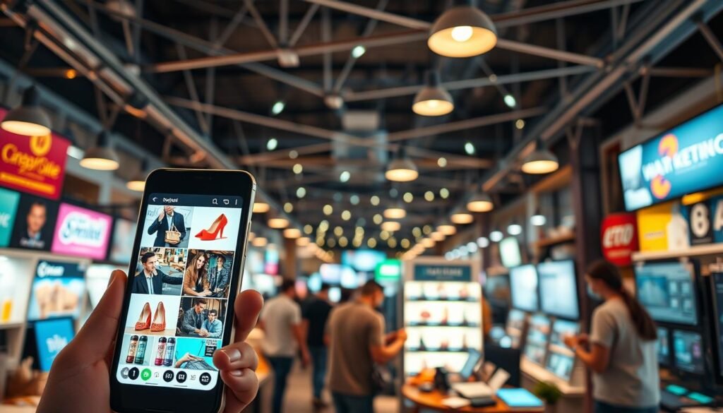 A bustling digital marketplace, showcasing the strategic marketing prowess of small and medium enterprises (SMEs). In the foreground, a smartphone display illuminates vibrant product images and social media engagement, while in the middle ground, e-commerce platforms and targeted online ads drive digital sales. The background features a network of interconnected devices, reflecting the seamless integration of technology into the SME's marketing arsenal. Soft, warm lighting and a dynamic, energetic atmosphere convey the boundless potential of digital strategies to empower SMEs in the thriving digital economy.