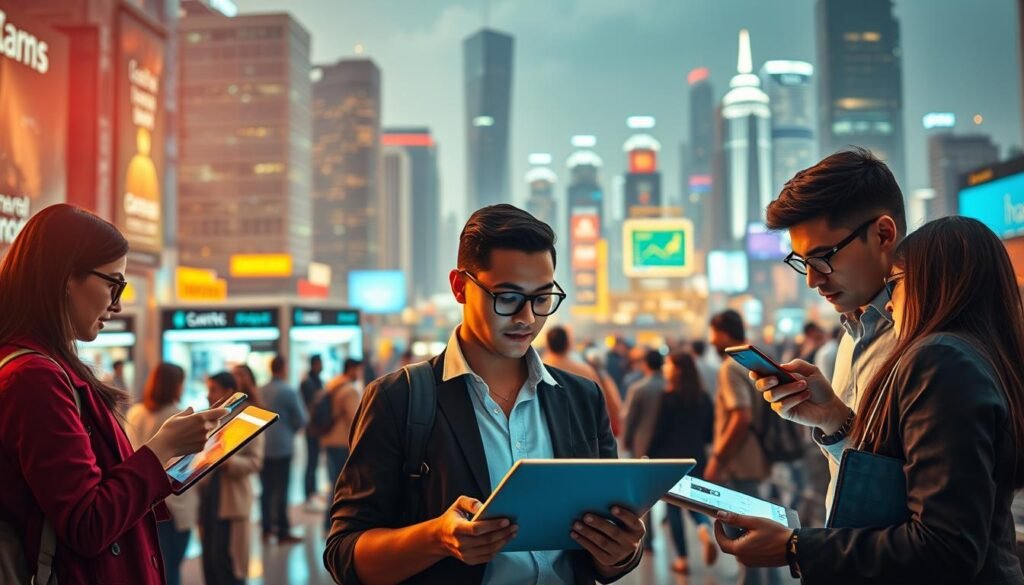 A bustling digital marketplace, where small and medium-sized enterprises (SMEs) thrive in a vibrant, high-tech landscape. In the foreground, a group of diverse entrepreneurs engage with sleek, touch-screen devices, strategizing their online presence and leveraging e-commerce platforms. The middle ground reveals a patchwork of virtual storefronts, each showcasing unique products and services. In the background, a cityscape of towering skyscrapers and gleaming tech hubs sets the scene, symbolizing the rapid digitalization that has propelled SMEs into the new era of the digital economy. Warm, diffused lighting casts a sense of dynamism and innovation, while a subtle, futuristic tone permeates the scene, capturing the transformative power of technology for small businesses.