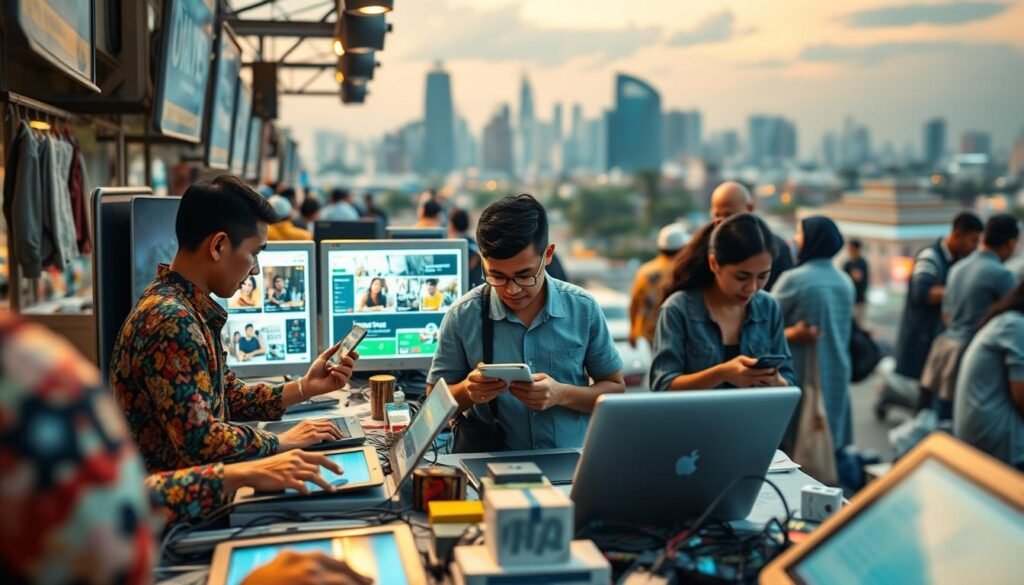 A bustling online marketplace with digital devices and platforms in the foreground, showcasing the rapid growth of Indonesia's digital economy. In the middle ground, UMKM (Micro, Small, and Medium Enterprises) owners engage in e-commerce, utilizing various digital tools and services. The background depicts the skyline of a vibrant city, symbolizing the expansion and integration of the digital landscape into the broader economic landscape. The scene is illuminated by warm, natural lighting, creating a sense of energy and optimism around the rising digital trends. Captured through a wide-angle lens, the image conveys the scale and dynamism of the digital transformation.