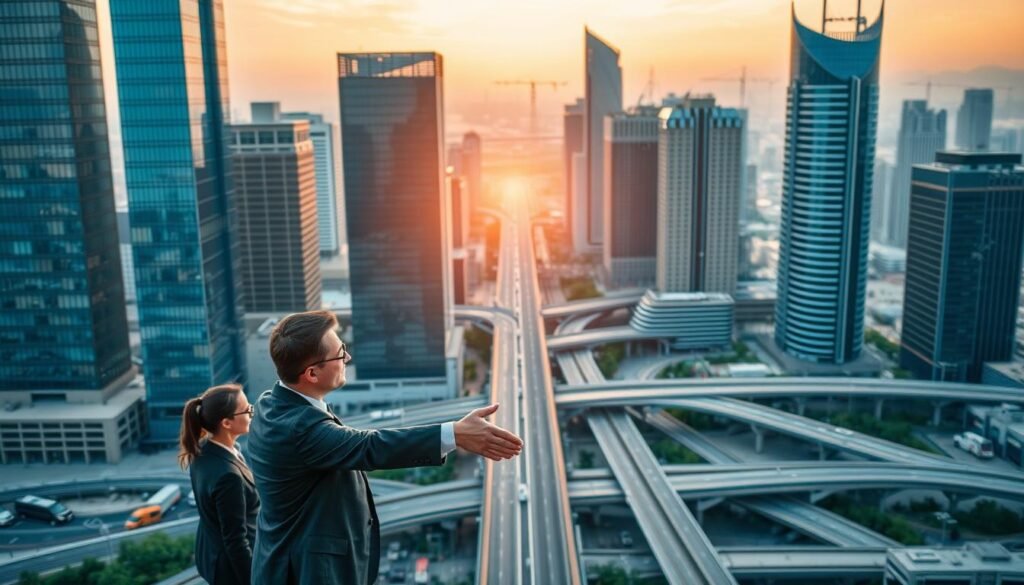 A bustling urban landscape, showcasing the collaborative efforts between government and private sector. In the foreground, a group of business executives and government officials shake hands, symbolizing their partnership. The middle ground features modern skyscrapers and sleek corporate headquarters, their glass facades reflecting the sun's rays. In the background, a network of roads and public transportation systems, connecting the various stakeholders. The scene is illuminated by a warm, golden-hour lighting, creating a sense of optimism and progress. The overall atmosphere conveys a harmonious and productive relationship between the public and private sectors, working together to drive economic growth and development.