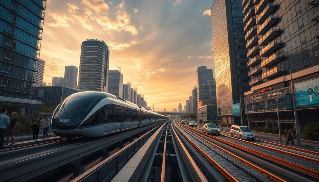 A bustling urban landscape, showcasing the innovative future of transportation. In the foreground, a sleek, high-speed electric train glides effortlessly along elevated tracks, its smooth and silent propulsion capturing the imagination of onlookers on the street below. The middle ground features a blend of modern skyscrapers, pedestrian walkways, and eco-friendly vehicles, creating a harmonious vision of sustainable mobility. In the background, a vibrant sky with warm, golden hues illuminates the scene, conveying a sense of progress and optimism. The lighting is soft and diffused, adding a sense of drama and wonder to the futuristic cityscape. Captured through a wide-angle lens, the composition invites the viewer to immerse themselves in this innovative vision of transportation.