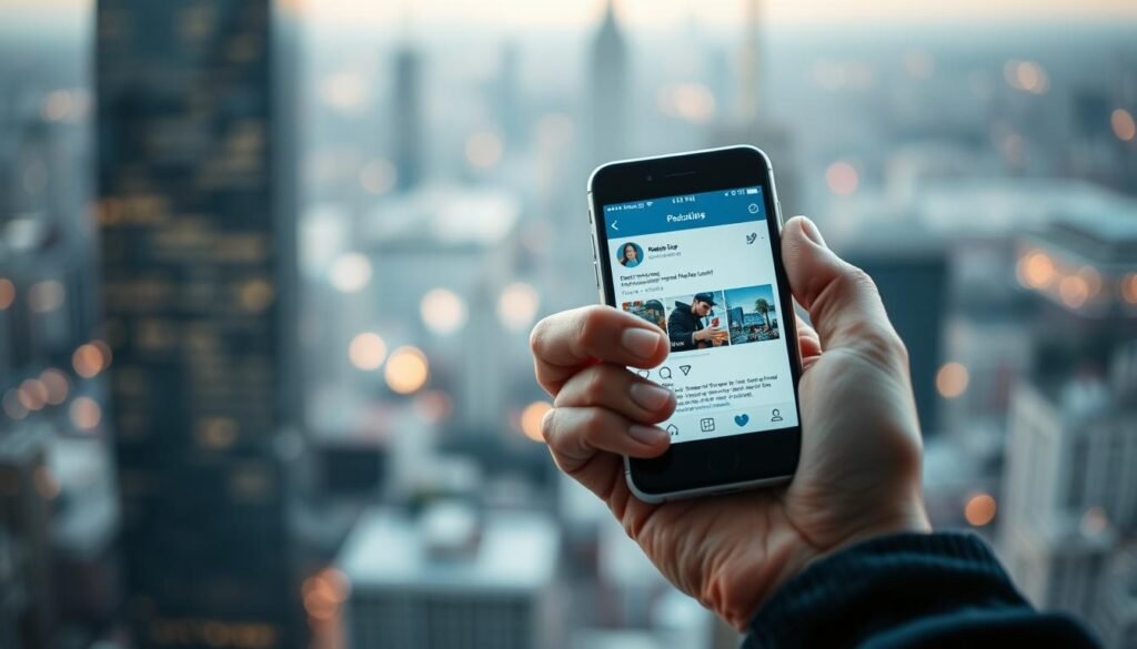 A close-up shot of a person's hand securely holding a smartphone, the screen displaying a social media interface. The backdrop is a serene, blurred cityscape, conveying a sense of digital privacy and security in the modern world. The lighting is soft and diffused, creating a calming, contemplative atmosphere. The composition emphasizes the importance of personal data protection, with the smartphone taking up a significant portion of the frame. The image should inspire a sense of vigilance and control over one's online presence.