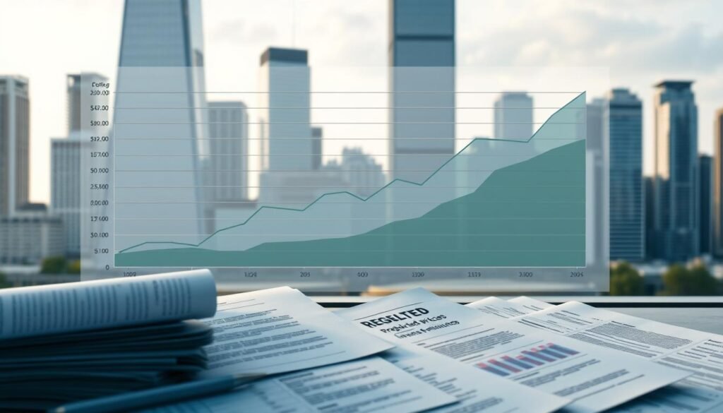 A detailed chart displaying the projected changes in fuel prices, set against a backdrop of a modern city skyline. The chart features clean, minimalist lines and a color palette of muted grays, blues, and greens, conveying a sense of analytical clarity. In the foreground, various regulatory documents and policy papers are subtly visible, hinting at the environmental and legislative factors driving the price fluctuations. The lighting is soft and diffused, creating a contemplative atmosphere, while the composition utilizes a slightly elevated, three-quarter angle to provide a comprehensive overview of the data visualization. The overall scene evokes a sense of informed decision-making and a measured approach to the complex issue of fuel pricing.