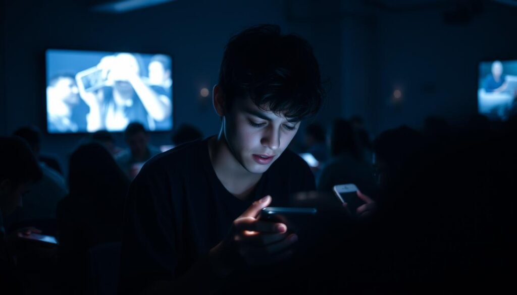 A dimly lit room, the soft glow of screens casting an eerie light on the faces of young people. In the foreground, a person hunched over a smartphone, expression strained, fingers scrolling endlessly. In the middle ground, groups of friends sitting together, yet each lost in their own digital worlds, disconnected from the physical presence around them. The background reveals a sense of isolation, a distant world beyond the confines of the room, untouched by the allure of social media. The overall mood is one of melancholy, a commentary on the social impact of technology and the gradual erosion of meaningful human interaction.