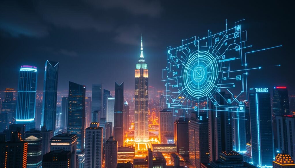 A futuristic cityscape at night, with towering skyscrapers and a vibrant display of holographic data visualizations in the foreground. In the middle ground, an AI-powered cybersecurity system scans for threats, its intricate algorithms manifested as glowing lines and geometric patterns. In the background, a luminous veil of digital energy envelops the scene, conveying the power and complexity of advanced cyber protection. The lighting is dramatic, with a mix of cool blues and warm yellows, creating a sense of technological sophistication and vigilance. The overall atmosphere is one of innovation, security, and the relentless battle against cyber crime.