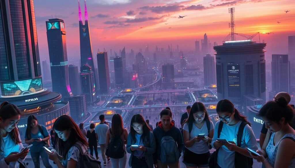 A futuristic cityscape with towering skyscrapers and holographic displays, illuminated by a neon-tinged sunset. In the foreground, a diverse group of young people interact with their mobile devices, their faces bathed in the glow of augmented reality interfaces. The middle ground features a network of interconnected pathways, bustling with foot traffic and autonomous vehicles. The background showcases a skyline of sleek, minimalist architecture, punctuated by floating data centers and satellite arrays. An atmosphere of technological progress and social connectivity, hinting at the evolving nature of social media in the years to come.