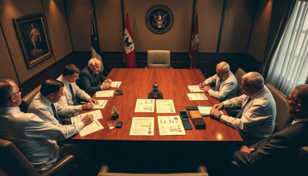 A high-angle view of a boardroom table, with government officials in formal attire seated around it, deep in discussion. Warm, muted lighting casts a contemplative mood as they pore over documents and charts, deliberating on energy policies and the upcoming fuel price adjustments. The room's decor is understated and professional, with hints of national symbols hinting at the gravity of the decisions being made. The camera angle suggests an impartial, observational perspective, capturing the weight of responsibility on the policymakers' faces as they navigate the complex challenges of the nation's fuel landscape.