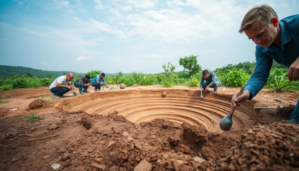 A meticulous archaeological dig site set in a serene, natural landscape. In the foreground, a team of researchers carefully excavate ancient artifacts using delicate tools, their expressions focused and determined. The middle ground reveals intricately layered soil strata, each revealing clues to the site's 4,000-year-old history. In the background, lush vegetation and a cloudless sky set a tranquil mood, conveying the sense of uncovering a long-buried past. The scene is lit by soft, natural lighting, captured through a wide-angle lens to showcase the scope and scale of the methodical, painstaking teknologi penggalian process.