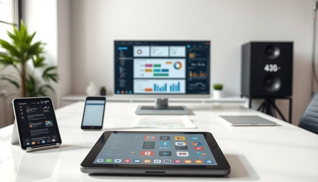A modern and minimalist office scene with a variety of productivity apps displayed on a sleek, white desk. In the foreground, a tablet and smartphone showcase different productivity tools like to-do lists, calendars, and note-taking apps. The middle ground features a laptop with a spreadsheet or document open, hinting at more complex work tasks. In the background, a large, frameless monitor displays a visually appealing dashboard or infographic, highlighting the data-driven aspects of productivity. Soft, natural lighting illuminates the scene, creating a calm and focused atmosphere. The overall composition conveys a sense of organization, efficiency, and a balanced approach to modern digital productivity.