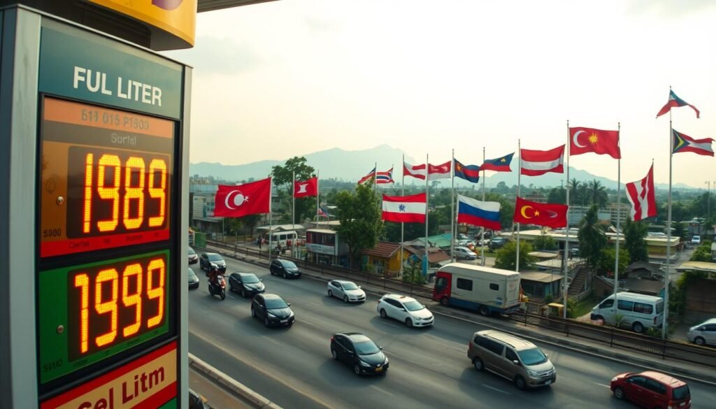 A panoramic comparison of fuel prices across Southeast Asia, captured through a cinematic lens. In the foreground, a gas station signage displays the current price per liter, its digital display illuminating the scene. The middle ground showcases a diverse array of vehicles, from bustling city streets to rural landscapes, each representing the varying economic landscapes of the region. In the background, a series of flags from the major Southeast Asian nations flutter gently, symbolizing the interconnected nature of this fuel price dynamic. The overall composition conveys a sense of scale, highlighting the nuanced differences in energy costs that shape the daily lives of people across this vibrant, rapidly developing part of the world.