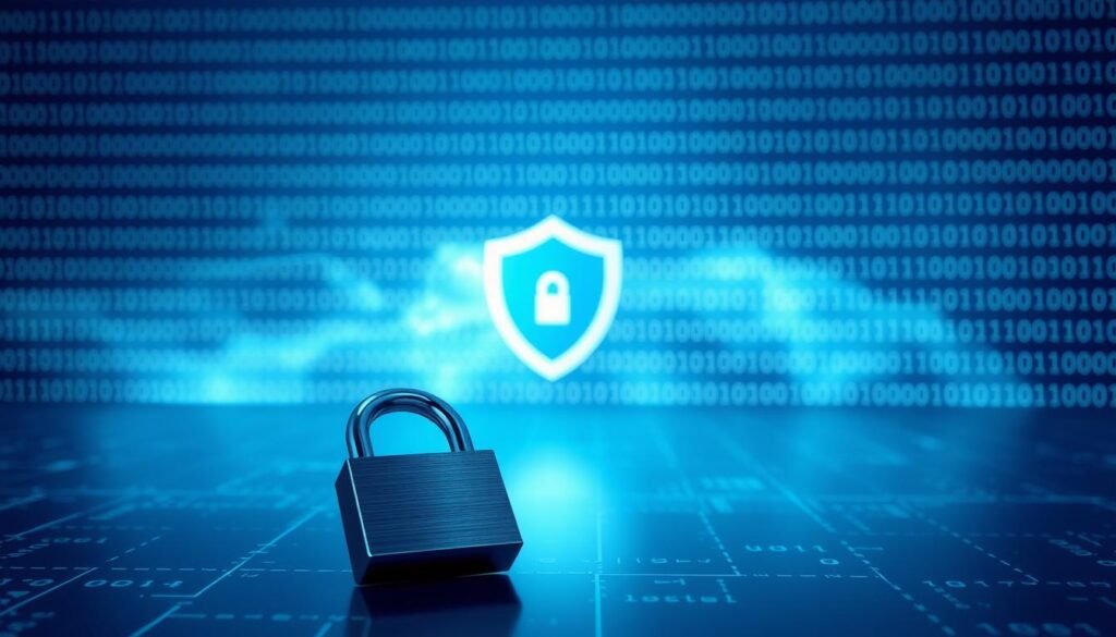 A serene digital landscape, bathed in soft blue hues and ambient lighting. In the foreground, a secure padlock icon symbolizes the protection of personal data, its metallic surface reflecting the scene. The middle ground features a stylized shield icon, a clear metaphor for online safety and cybersecurity. In the background, a grid of binary code cascades, representing the underlying digital infrastructure that must be safeguarded. The overall mood is one of tranquility and reassurance, conveying the importance of proactive steps to secure one's digital presence.