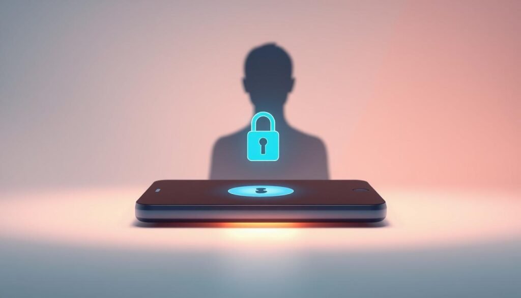 A serene, minimalist illustration depicting the importance of personal data privacy. In the foreground, a sleek, futuristic smart device displays a padlock icon, symbolizing secure data protection. The middle ground features a softly blurred human silhouette, representing the individual whose private information is being safeguarded. The background is a gradient of calming, muted colors, creating a sense of tranquility and trust. Subtle lighting casts a warm glow, enhancing the overall tone of safety and privacy. The composition is well-balanced, with clean lines and a focus on simplicity, emphasizing the core message of the importance of personal data protection.