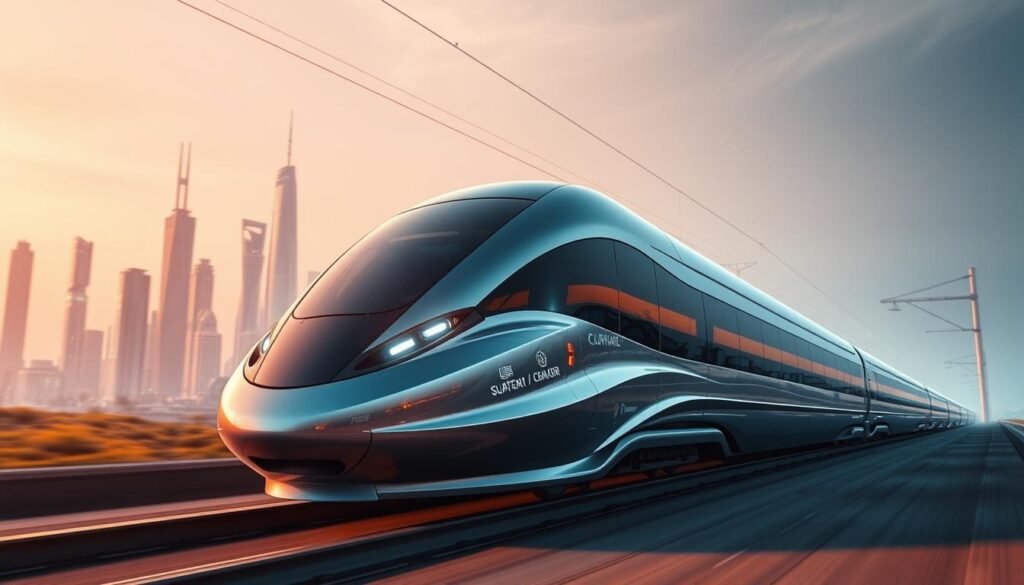 A sleek, streamlined futuristic electric train glides effortlessly through a futuristic landscape. The train's aerodynamic design and gleaming metallic exterior evoke a sense of speed and technological advancement. The train is bathed in warm, diffused lighting, creating a serene and futuristic atmosphere. In the background, a city skyline of towering skyscrapers and advanced infrastructure hints at a thriving, modern society. The train is captured from a low angle, emphasizing its power and size, and inviting the viewer to imagine the train's incredible speed and efficiency. The scene conveys a vision of a sustainable, technologically-advanced future of transportation.
