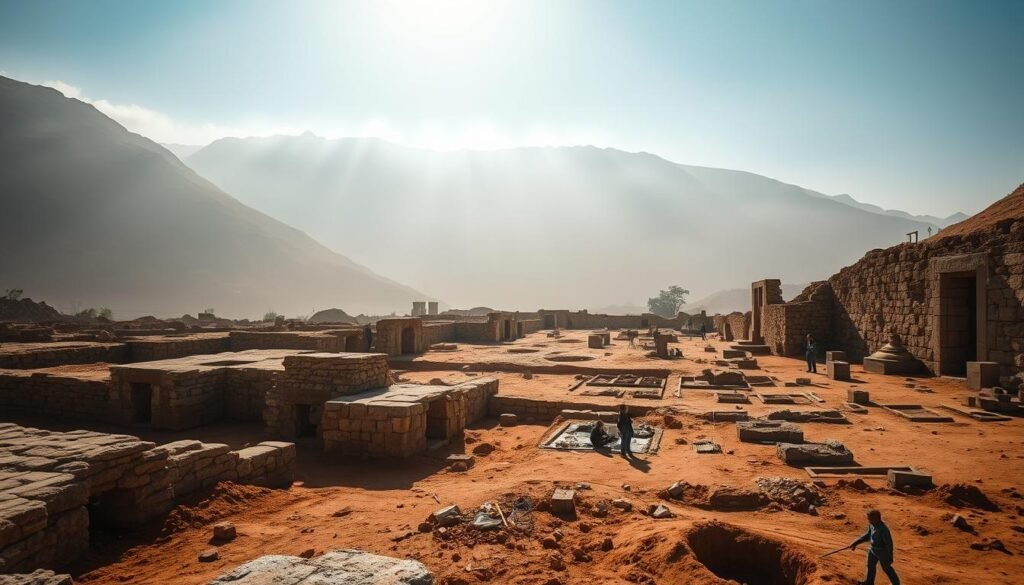 A sunlit archaeological site, shrouded in mist, reveals the ancient ruins of a long-forgotten civilization. In the foreground, weathered stone structures stand as silent witnesses to the passage of millennia. A team of researchers carefully documents their findings, brushing away the soil to uncover the secrets of the past. The middle ground features a mix of excavation tools and delicate artifacts, carefully arranged for analysis. In the background, a dramatic mountain range looms, adding a sense of timeless grandeur to the scene. The lighting is soft and natural, casting a warm glow over the entire landscape, as if imbuing the site with a sense of reverence and wonder. This image conveys the gravity of the archaeological discovery and the hope for unlocking the mysteries of an ancient civilization.