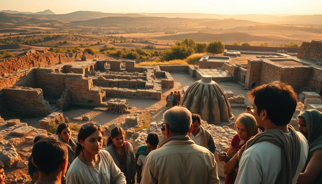 A sweeping vista of an ancient archaeological site, bathed in warm, golden sunlight. In the foreground, local villagers gather, their faces etched with a mixture of awe and reverence as they gaze upon the weathered ruins - the remnants of a civilization long forgotten. In the middle ground, scholars and historians pore over artifacts, their expressions conveying the weight of the discovery's significance. In the background, a tapestry of rolling hills and lush vegetation frames the scene, hinting at the rich cultural heritage that lies buried within the earth. The entire composition evokes a sense of wonder, inviting the viewer to contemplate the profound social and cultural impact of uncovering such a profound connection to the past.