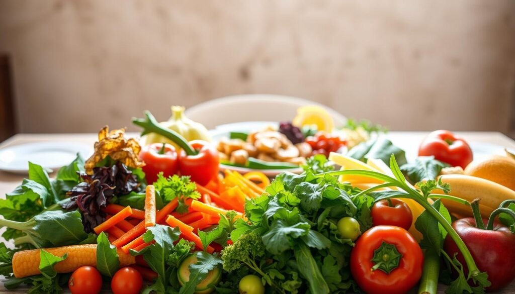 A vibrant and engaging image depicting "Pola Makan Sehat Tambah Umur". In the foreground, a colorful array of fresh, wholesome ingredients - leafy greens, crisp vegetables, succulent fruits, and lean proteins - arranged in an appealing composition. The middle ground showcases a table setting with a simple but elegant plate of a balanced, nutritious meal, surrounded by natural lighting and an earthy, minimalist background. The overall atmosphere conveys a sense of health, longevity, and the rewarding simplicity of a well-rounded, plant-based diet. Captured with a crisp, high-resolution lens and natural, warm lighting to bring out the vibrant hues and textures of the scene.