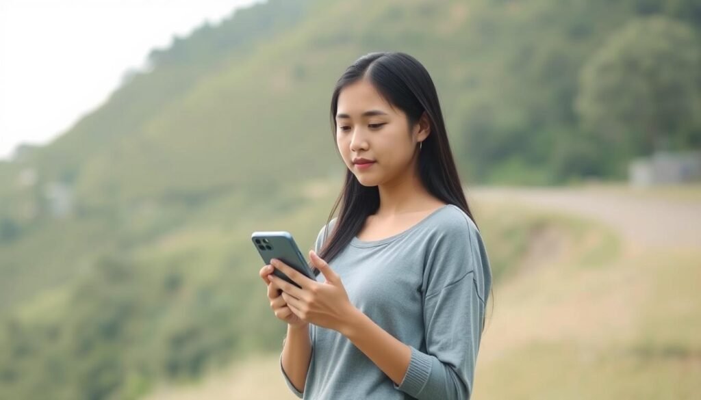 A young woman, in a contemplative pose, stands in a serene outdoor setting. The soft, diffused lighting creates a calming atmosphere, as she gazes thoughtfully at her smartphone, seemingly in the process of disconnecting from the digital realm. The background features a lush, verdant landscape, with the gentle curve of a rolling hill in the distance, conveying a sense of tranquility and introspection. The composition is balanced, with the subject positioned slightly off-center, allowing for negative space to draw the viewer's attention to her introspective expression. The overall mood evokes a sense of personal growth and a conscious decision to step away from the constant stimulation of social media, reflecting the "Kajian Kasus: Pengguna yang Berhasil Beralih" section of the article.