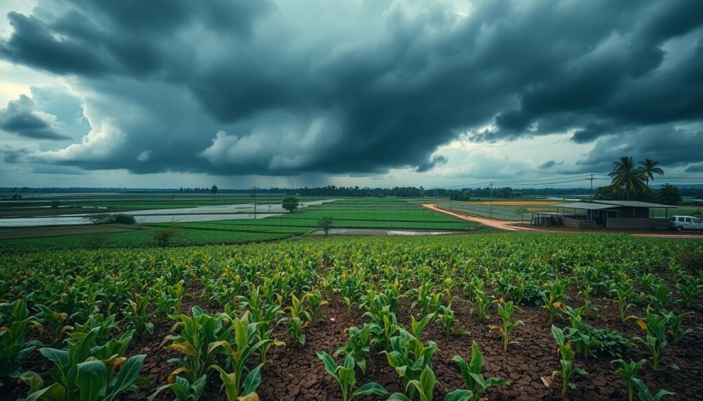 Aerial view of a lush farmland, devastated by extreme weather conditions. In the foreground, crops are wilted and discolored, with soil cracked and parched. Towering storm clouds loom overhead, casting an ominous shadow over the scene. The middle ground depicts flooded fields, with water levels rising dangerously high. In the distance, a once-thriving marketplace stands empty, its stalls abandoned as the impact of the extreme weather on food prices becomes increasingly evident. The lighting is harsh, with harsh shadows and a muted color palette, conveying the harsh reality of the situation. The overall mood is one of despair and uncertainty, emphasizing the pressing need for new strategies to address the rising cost of food.