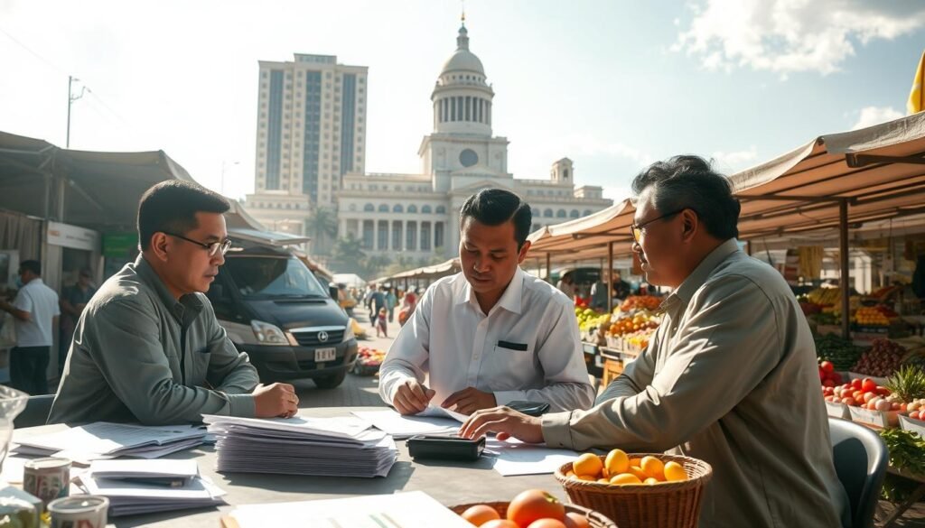 An airy, sun-dappled scene depicting the role of state-owned enterprises (BUMN) in stabilizing food prices. In the foreground, a group of earnest BUMN representatives confer around a table, papers and charts spread before them. In the middle ground, a bustling open-air market, stalls overflowing with fresh produce. In the background, a towering government building, its facade gleaming in the warm light. Crisp, high-resolution details capture the seriousness of the task at hand, the calm efficiency of the BUMN efforts to curb inflation and ensure food security for all.