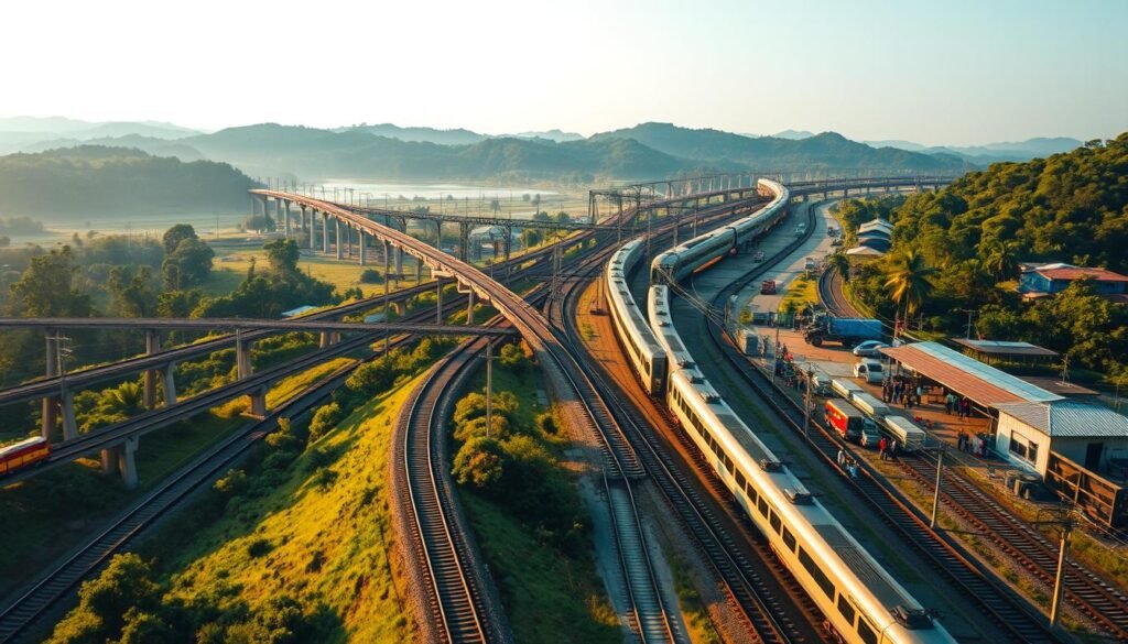 An expansive aerial view of the Indonesian railway infrastructure, showcasing the intricate network of tracks, bridges, and stations stretching across the lush, undulating landscape. The scene is bathed in warm, golden light, casting long shadows and highlighting the scale and complexity of this essential transportation system. In the foreground, a modern electric train glides effortlessly along the sleek, well-maintained rails, symbolizing the country's progress and commitment to sustainable mobility. The middle ground features a bustling train station, with passengers hurrying to their destinations and maintenance crews tending to the infrastructure. In the background, rolling hills and dense forests provide a serene, natural backdrop, creating a harmonious balance between the man-made and the natural elements.