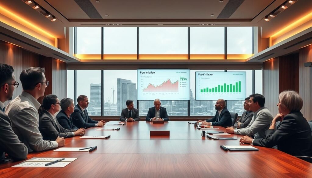 An expansive conference room with a large wooden table, around which policymakers and economists are engaged in a serious discussion. Soft, warm lighting illuminates the space, creating an atmosphere of thoughtful deliberation. In the foreground, a presenter stands, gesturing to a digital display showcasing charts and graphs depicting food inflation data. The middle ground features attentive faces, brows furrowed in concentration, as they examine the information before them. The background reveals a panoramic window overlooking a bustling city skyline, suggesting the broader economic and social context of the policy evaluation. An air of intellectual rigor and the weight of responsibility permeates the scene.