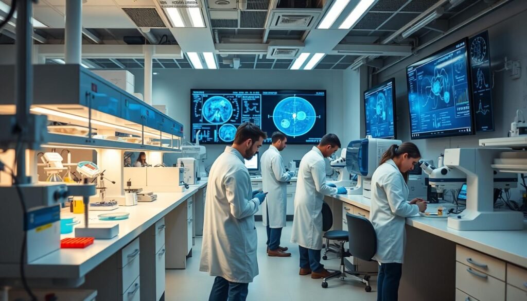 Detailed medical research laboratory with state-of-the-art equipment and scientists in white coats diligently examining samples. Bright, clinical lighting illuminates sleek, modern workbenches and diagnostic instruments. In the background, a large display screen shows complex medical data and imagery. An atmosphere of scientific inquiry and discovery pervades the scene, hinting at the latest advancements in healthcare research.