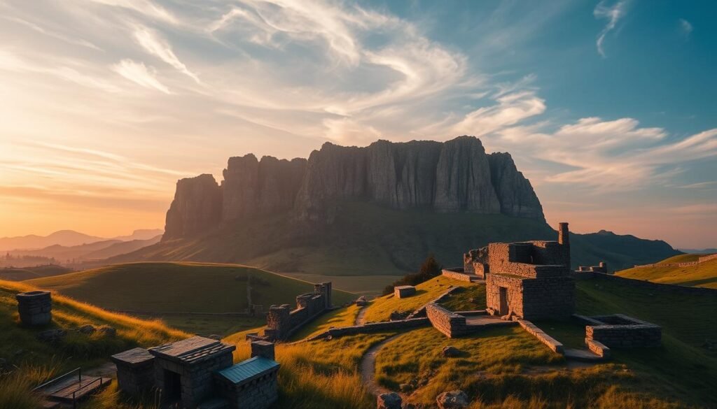 Lush, ancient landscape of a 4,000-year-old archaeological site. Rolling hills and verdant valleys dotted with weathered stone structures, their timeworn facades casting long shadows in the warm, golden light of a setting sun. Towering cliffs rise in the distance, their rugged silhouettes painted against a vibrant, dusky sky. Wispy clouds drift lazily overhead, lending an ethereal, dreamlike quality to the scene. The air is still, save for the gentle rustling of wind through the tall grasses. A sense of profound history and quiet contemplation permeates the tranquil setting, inviting the viewer to explore the mysteries that lie hidden within this forgotten corner of the ancient world.
