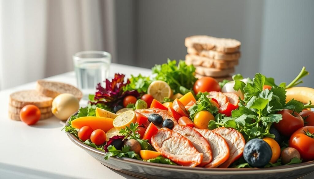 Vibrant and nourishing still life depicting a balanced, healthy meal to extend longevity. In the foreground, a bountiful platter showcases an array of colorful, nutrient-dense whole foods - fresh leafy greens, crisp vegetables, succulent fruits, and lean protein. Soft, natural lighting illuminates the scene, accentuating the appetizing textures and vibrant hues. In the middle ground, an elegantly arranged composition of complementary elements - a glass of water, a sprinkle of seeds, and a tidy stack of whole grain bread slices. The background features a serene, minimalist setting, allowing the star ingredients to shine. An aspirational image that captures the essence of a healthy, life-extending dietary lifestyle.
