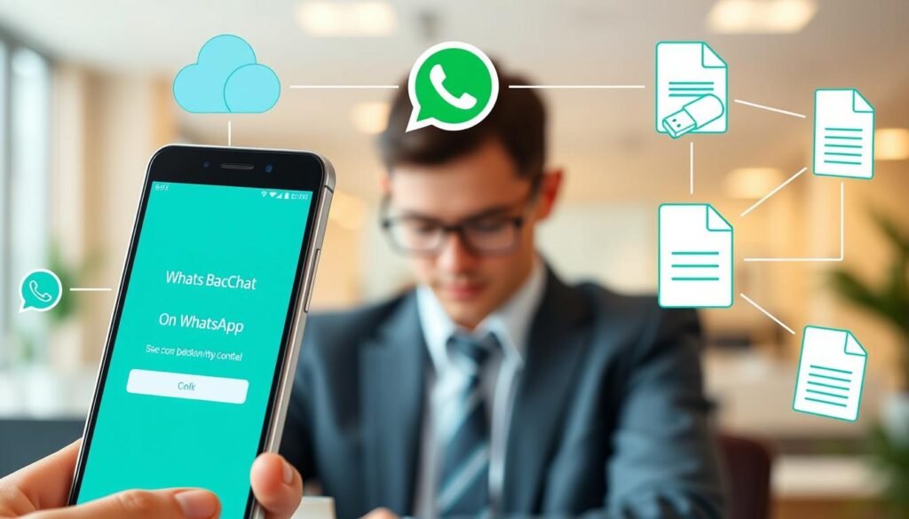 A detailed illustration showcasing various methods of backing up WhatsApp chats. In the foreground, a smartphone displays the WhatsApp interface, highlighting the backup option with an alluring blue-green color scheme. Surrounding the phone are symbols representing different backup methods: cloud icons, USB drives, and illustrated PDF documents, all interconnected with digital lines. In the middle ground, a user in professional business attire is focused on the phone, symbolizing a sense of productivity and modernity. The background features a soft-focus office setting with warm lighting, conveying an atmosphere of efficiency and organization. The overall composition emphasizes clarity and accessibility in the backup process, inviting the viewer to understand the methods better. The image is bright and well-lit, created with a natural lens effect that adds depth to the scene.