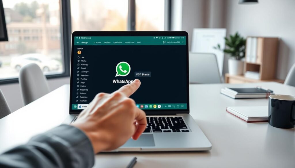 A modern workspace featuring a sleek, minimalist desk with a laptop open, displaying the WhatsApp interface and the PDF Share app in use. In the foreground, a hand is reaching out to click on the export button, symbolizing practical steps in exporting chat to PDF. The background showcases a well-organized office environment with soft lighting filtering through a window, creating a warm and inviting atmosphere. On the desk, a few stylish accessories like a coffee mug and notebooks add to the ambiance. The angle is slightly above the desk, focusing on the laptop screen while keeping the surrounding elements in view. The overall mood is productive and tech-savvy, ideal for illustrating the practical steps of chat export.