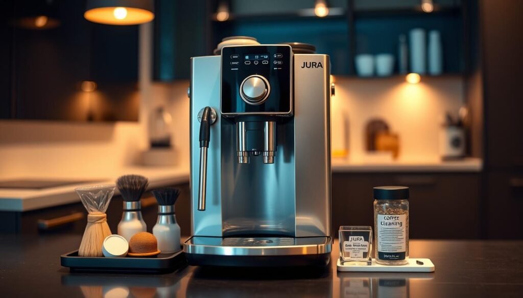 A sleek Jura J10 coffee machine is prominently displayed in the foreground, gleaming with stainless steel and black accents. Surrounding it, a well-organized coffee cleaning station featuring brushes, specialized cleaning tablets, and a small cup for waste is arranged neatly. In the middle ground, a blurred background showcases a modern kitchen countertop, illuminated by soft, warm lighting that highlights the machine’s elegant design. The atmosphere is inviting and professional, suggesting ease and sophistication in coffee machine maintenance. Use a shallow depth of field to emphasize the coffee machine and cleaning tools while keeping the surrounding environment slightly out of focus, capturing a clean and polished look. Aim for a high-resolution image that conveys a sense of efficiency and modernity in coffee care.