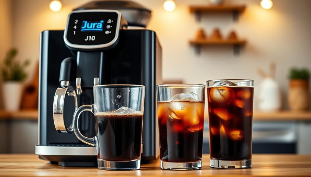A visually striking comparison of modern and traditional cold brew coffee methods. In the foreground, a sleek, modern Jura J10 coffee machine with a dynamic high-pressure brewing setup, showcasing its elegant design and buttons lit up, ready for action. Beside it, a classic glass jar filled with coarse coffee grounds and water, depicting the traditional 12-hour steeping process, surrounded by a rustic, wooden table setting. In the middle ground, two contrasting cups side by side: one showcasing a rich, dark cold brew from the Jura machine, with condensation visible, and the other, a lighter-hued, hand-brewed cold brew, garnished with ice. The background is softly blurred, featuring a bright kitchen setting with warm, inviting lighting, creating an atmosphere of modern convenience versus traditional craftsmanship.
