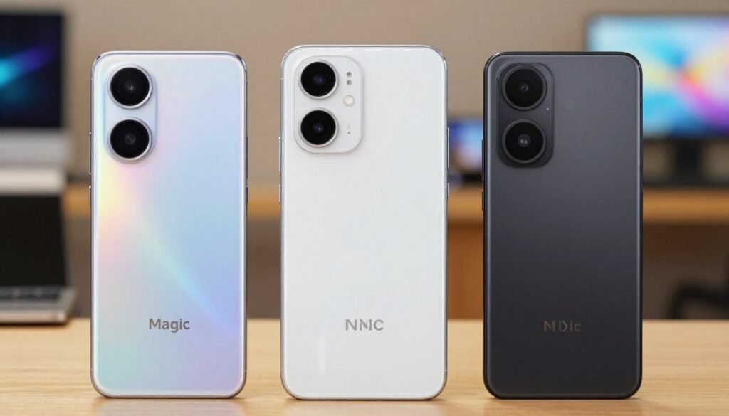 A detailed, vibrant illustration showcasing the distinct characteristics of the Magic, X, and Number series smartphones. In the foreground, display the three phones side by side, each oriented slightly towards the viewer to highlight their unique designs. The Magic series phone should have a sleek and futuristic look, with a reflective surface; the X series should feature a stylish and modern design with an emphasis on curved edges, and the Number series should be robust and practical in appearance. In the middle ground, incorporate subtle visual elements like textures or icons representing features like camera performance and battery life. The background should be softly blurred, hinting at a tech-savvy environment filled with gadgets. Use a warm, inviting light to create a professional yet engaging atmosphere, focusing on intricate details and ensuring clarity.