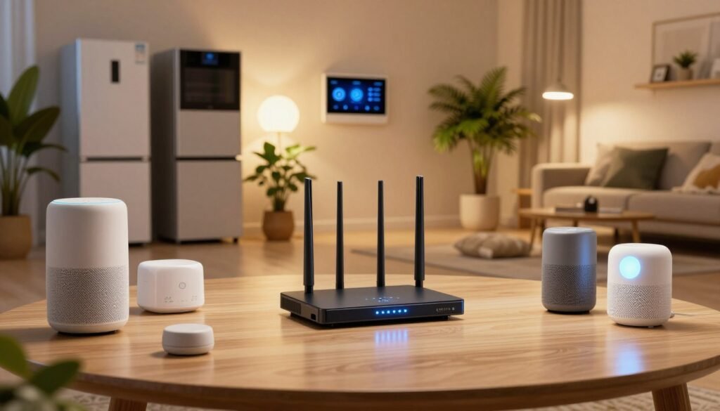 A futuristic smart home interior showcasing a high-tech Wi-Fi 7 network hub as the centerpiece. In the foreground, stylish, sleek devices like smart speakers, sensors, and intelligent lighting systems that are seamlessly integrated into the space. The middle layer features a sophisticated router with LED indicators glowing softly, symbolizing robust connectivity. The background displays various smart home features like connected appliances, a digital security system, and lush indoor plants, all bathed in warm, ambient lighting. Use a wide-angle view to capture the harmony between technology and a comfortable living space, evoking a sense of innovation and peaceful coexistence. The atmosphere is inviting and modern, emphasizing connectivity and a high quality of life.