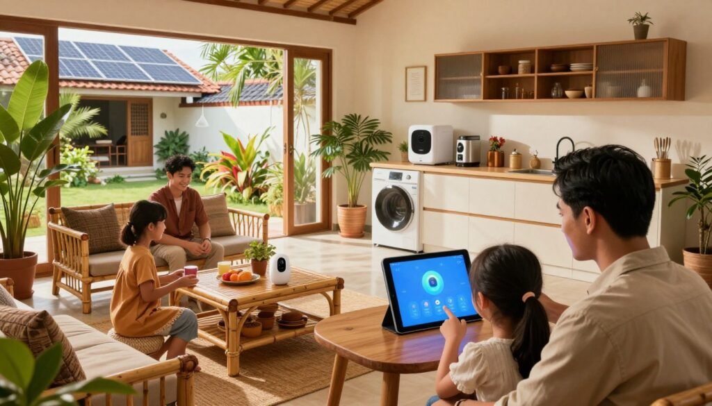 A modern Indonesian smart home scene, showcasing innovative local IoT technology. In the foreground, a family interacts with a sleek tablet controlling smart devices like lighting, security cameras, and smart appliances. The middle ground features a spacious living area, blending traditional Indonesian decor with modern technology—bamboo furniture, vibrant plants, and an eco-friendly smart kitchen. In the background, large windows reveal a sunny outdoor garden, with solar panels on the roof. The lighting is warm and inviting, creating a harmonious atmosphere. Capture this dynamic blend of culture and innovation from a slightly elevated angle, emphasizing the interconnectedness of technology in daily life, fostering a sense of comfort and modernity.