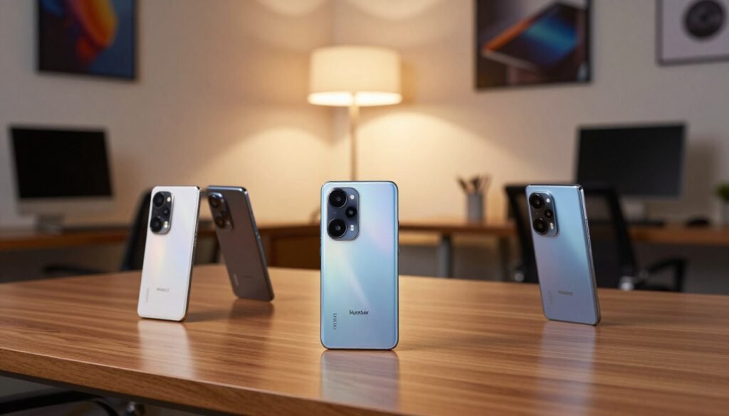 A sleek, modern workspace featuring the latest Honor smartphones arranged aesthetically on a polished wooden table. In the foreground, three devices from the Honor series—Magic, X, and Number—are showcased, each clearly visible with distinct design features that highlight their individuality. The middle section captures a soft glow from a stylish desk lamp, creating a warm and inviting atmosphere. The background includes a blurred view of a contemporary office with motivational tech-related artwork on the walls. The lighting is soft and diffused, simulating an early evening setting that adds warmth and professionalism. The scene conveys a sense of innovation and choice, reflecting the theme of selecting the best Honor device for various needs in 2025.